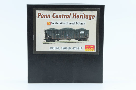 Micro Trains Lines, Penn Central Heritage Weathered 3-pack, 3 Bay coal hoppers w/loads, #180164, 180169, 479447