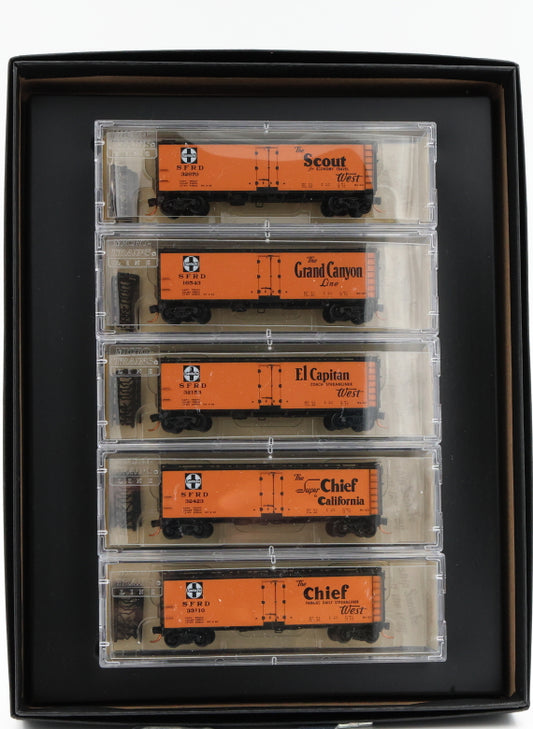 Micro Trains Line Santa Fe Reefer 'Slogan' 5-pack 40ft Steel Ice Reefer cars , #32670, 16543, 32153, 32423, 33110